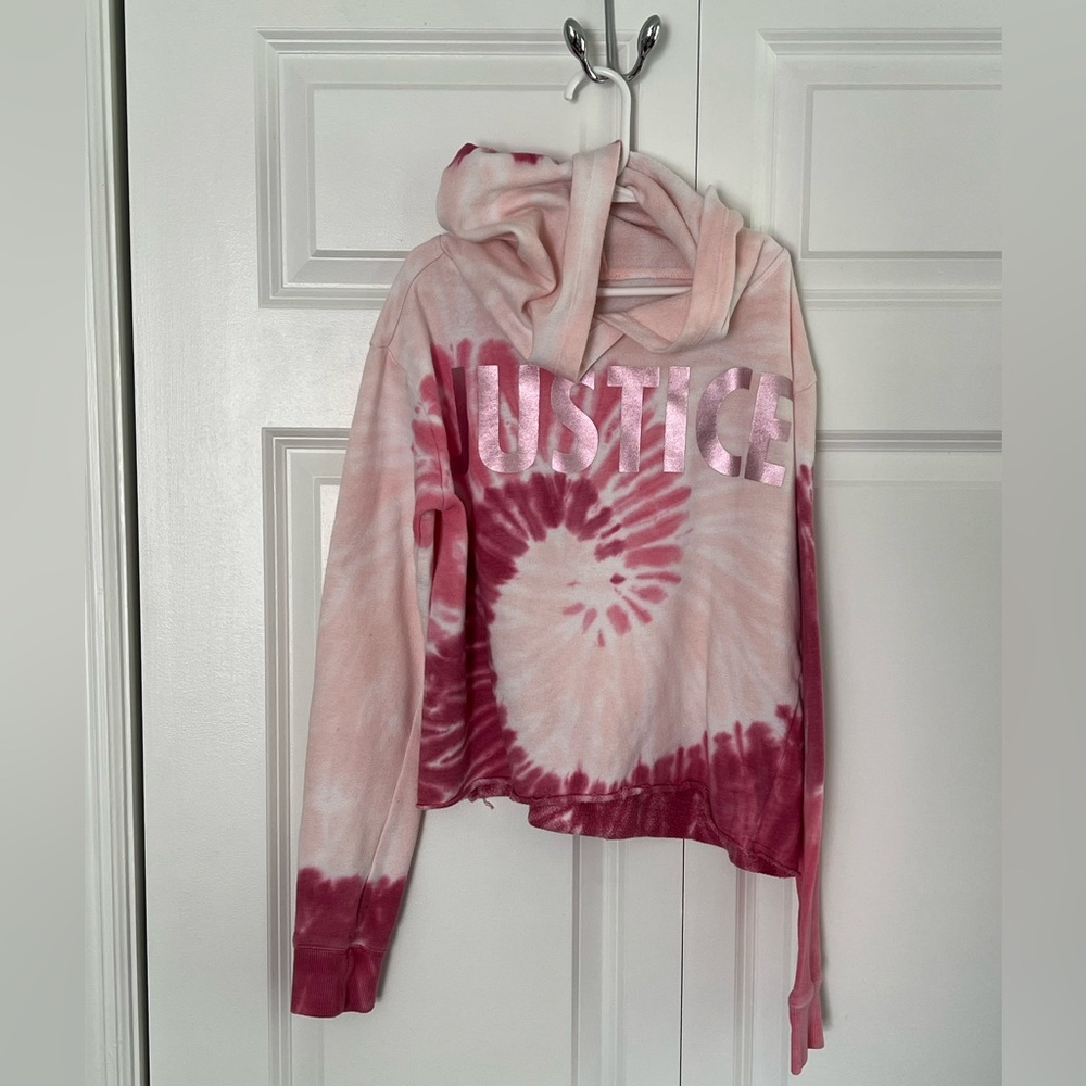 Justice Pink White Tie Dye Foil Shiny Logo Girls’ Pullover Hoodie Size 12